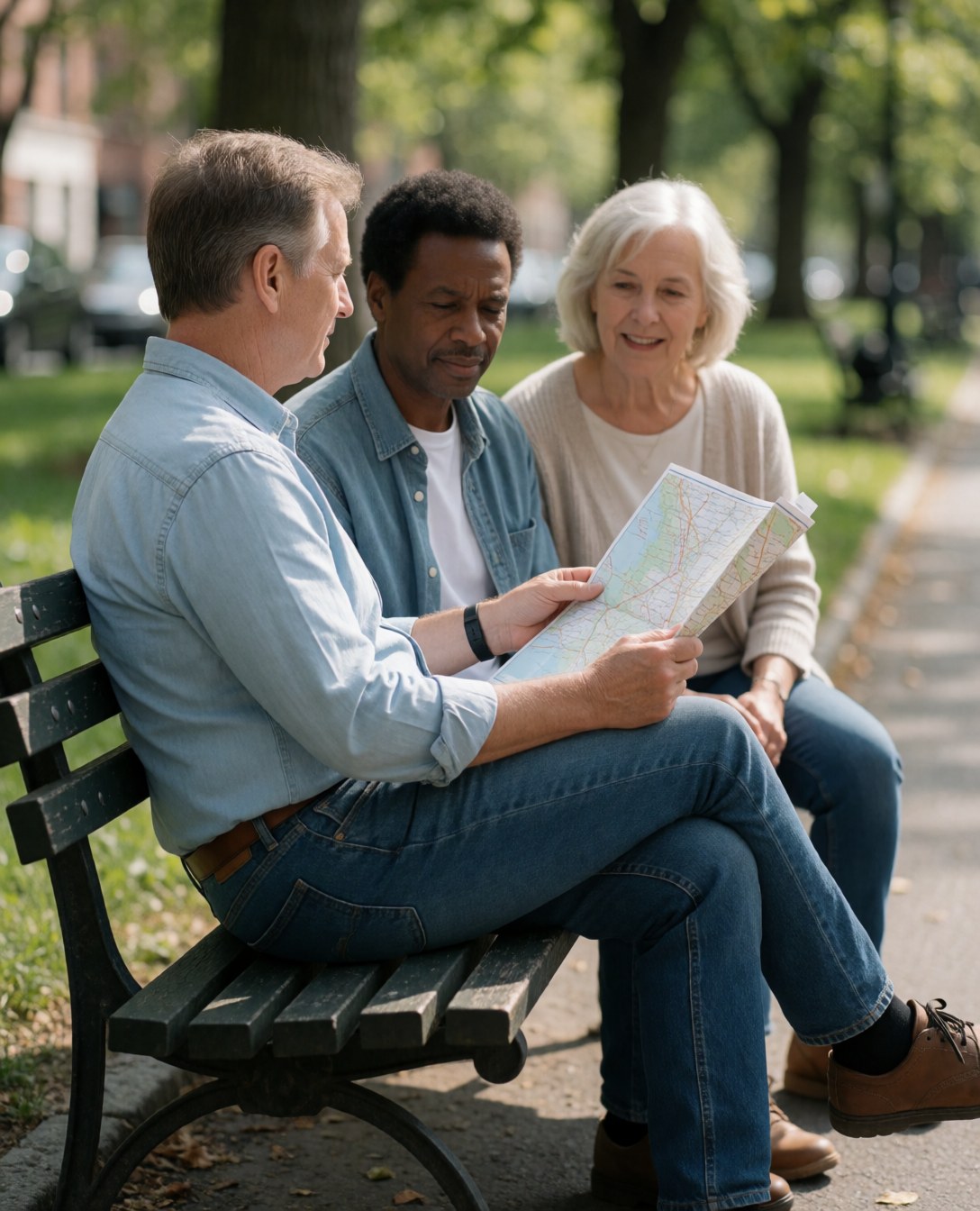 A senior couple sits on a park bench looking at a map, planning their next trip surrounded by trees and natural light.