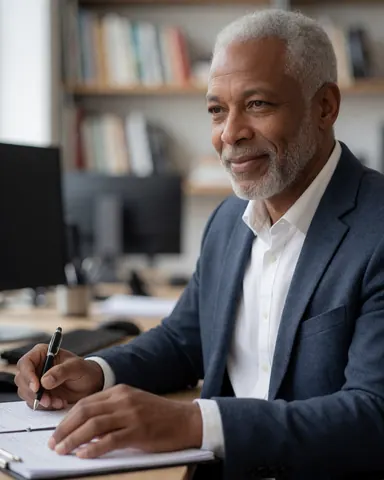 Professional data analyst writing notes in a notebook at a desk with a computer and books in the background