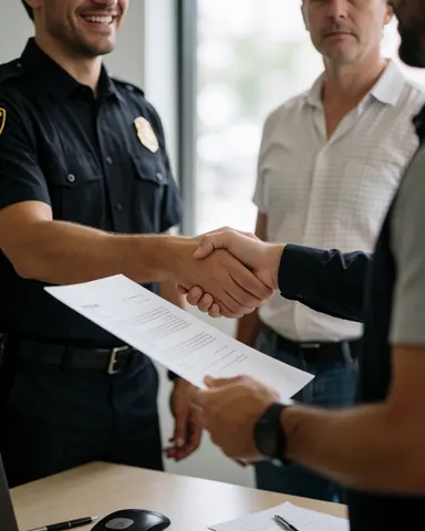A smiling business owner and security professional shake hands while signing a document at a desk in an office with natural light