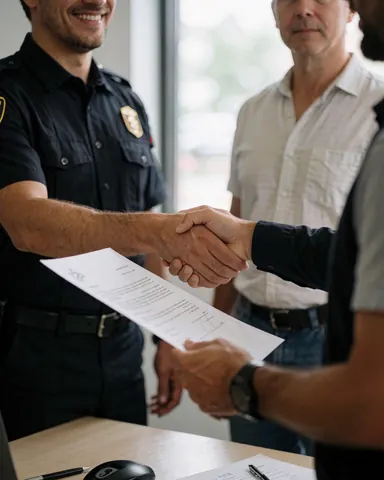 A smiling business owner and security professional shake hands while signing a document at a desk in an office with natural light