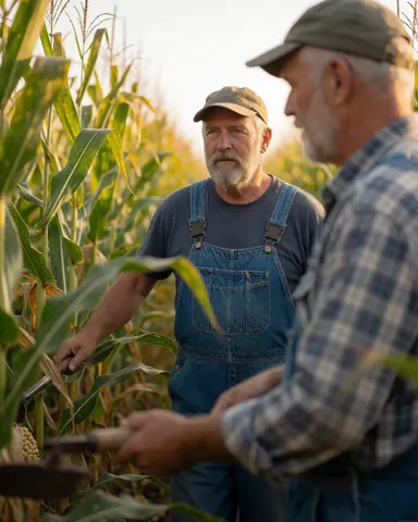 Two men working in a cornfield, one in overalls and the other in a plaid shirt, both holding tools under the golden light of sunset