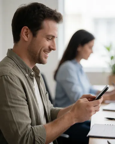 A smiling man checks his cell phone in a bright office with a blurred woman in the background, showing professional satisfaction.