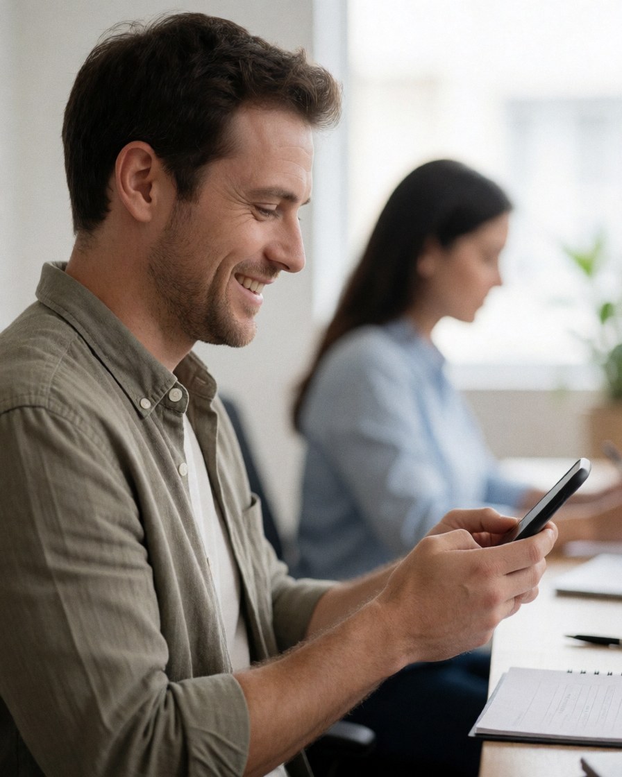 A smiling man checks his cell phone in a bright office with a blurred woman in the background, showing professional satisfaction.