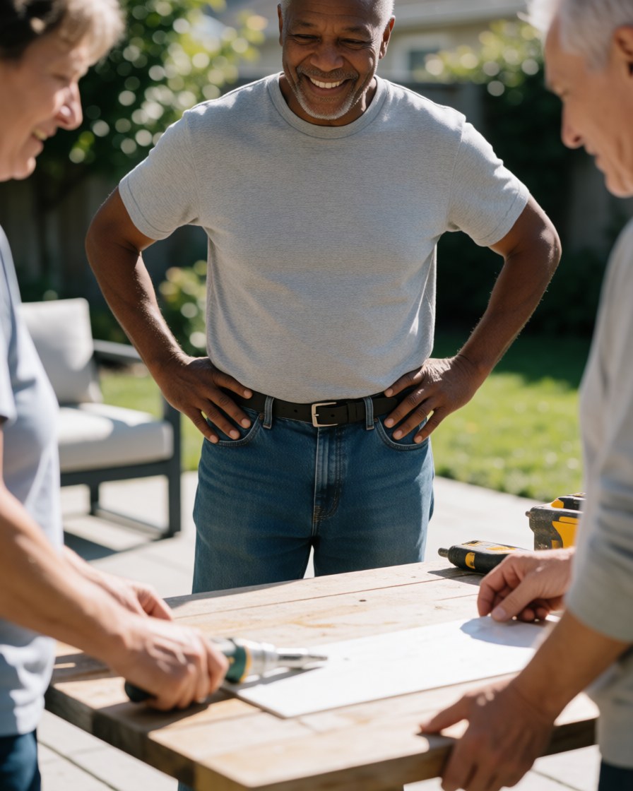 A satisfied homeowner holding tools after completing a home renovation project in the backyard.