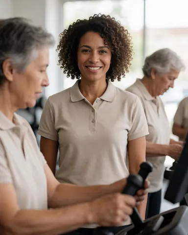 A smiling female fitness trainer stands in a gym, wearing athletic clothing and curly hair, ready to lead a workout session.