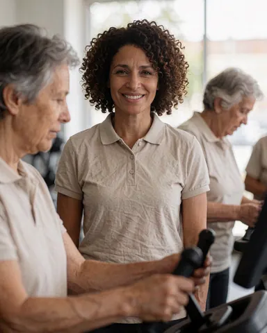 A smiling female fitness trainer stands in a gym, wearing athletic clothing and curly hair, ready to lead a workout session.