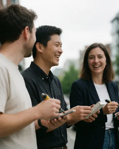 Three happy professionals in an outdoor meeting, one writing in a notebook while another holds a pencil on an urban street with natural light.