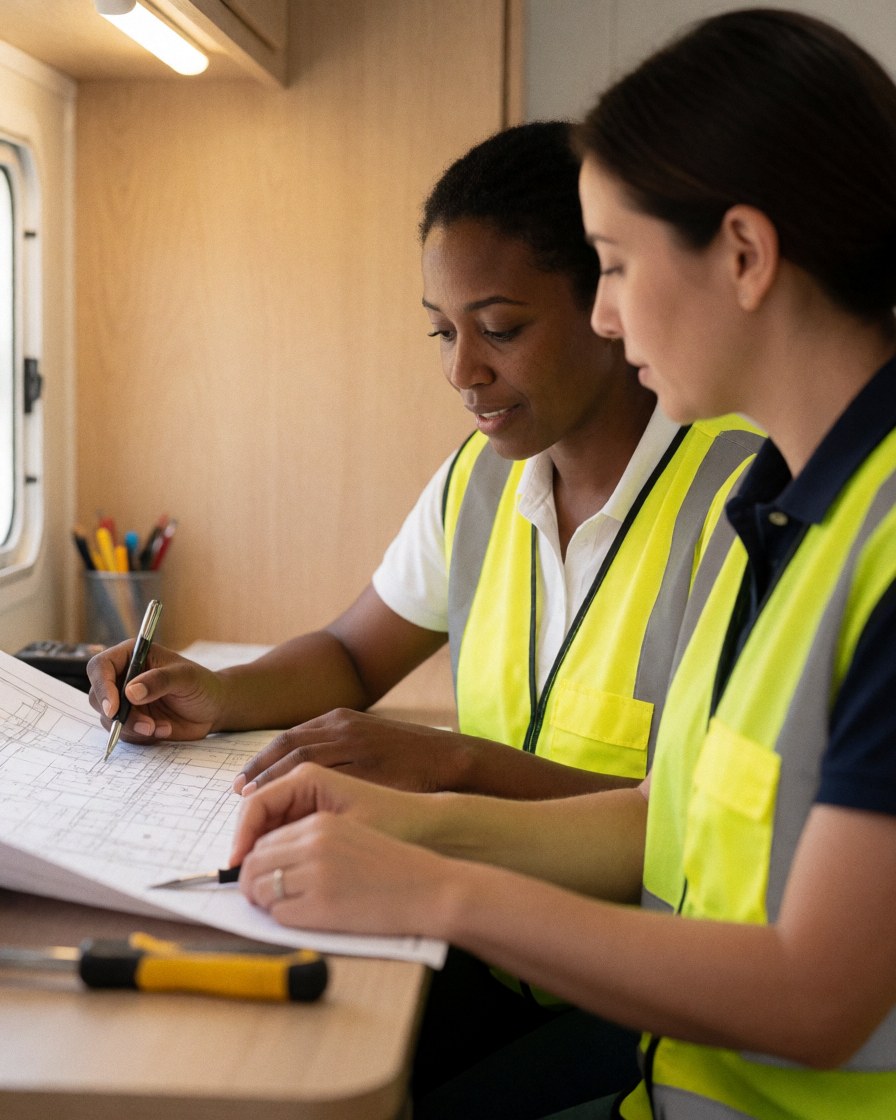 Two women in reflective vests review construction plans inside a trailer while one writes with a pen and tools sit on the table.