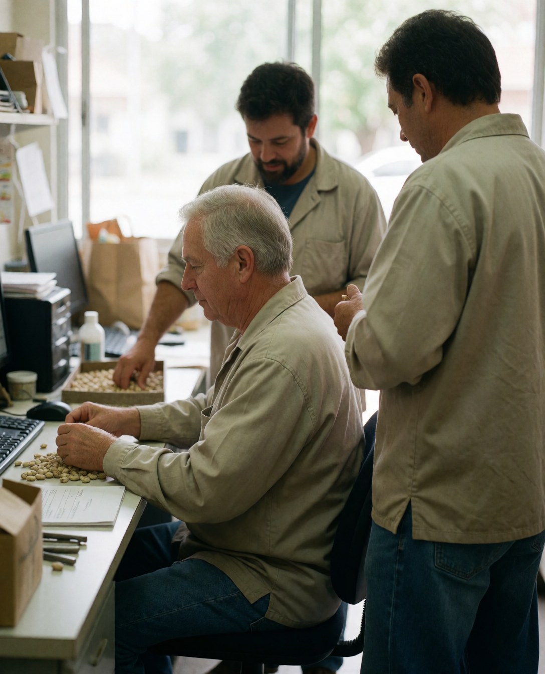 Three men working in an office sorting cacao beans, one seated and one standing, with natural light and work tools visible.