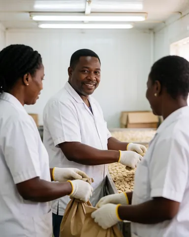 Three workers in white uniforms and gloves handle cacao beans on a table under fluorescent lights in a drying facility.