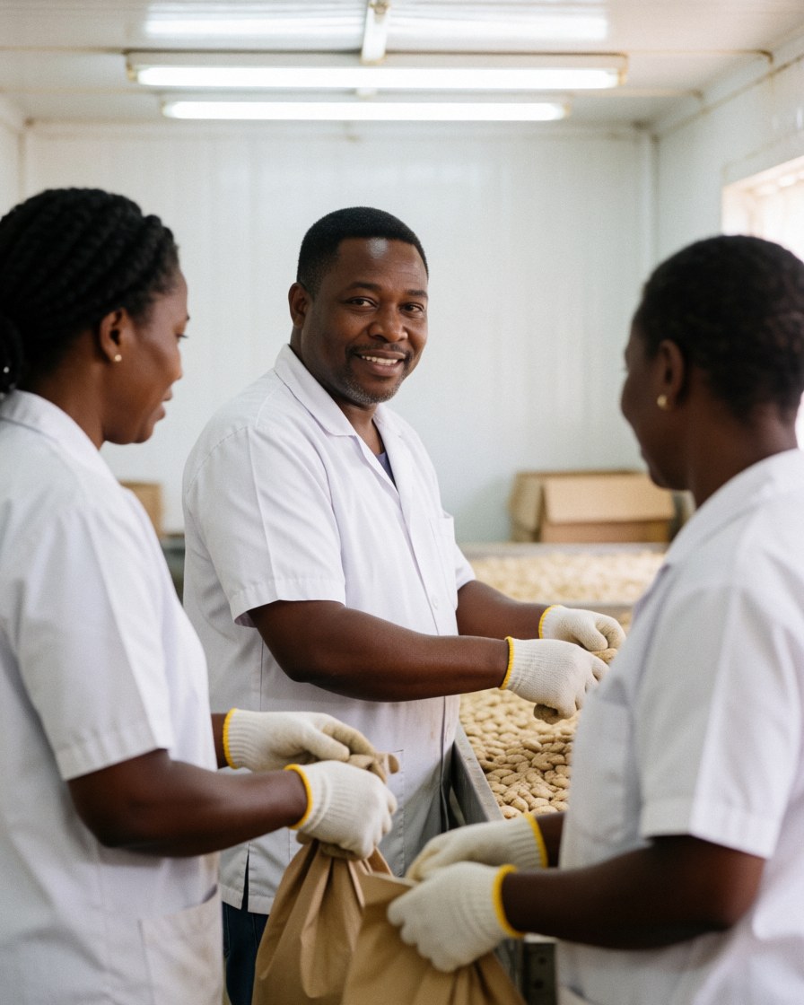 Three workers in white uniforms and gloves handle cacao beans on a table under fluorescent lights in a drying facility.