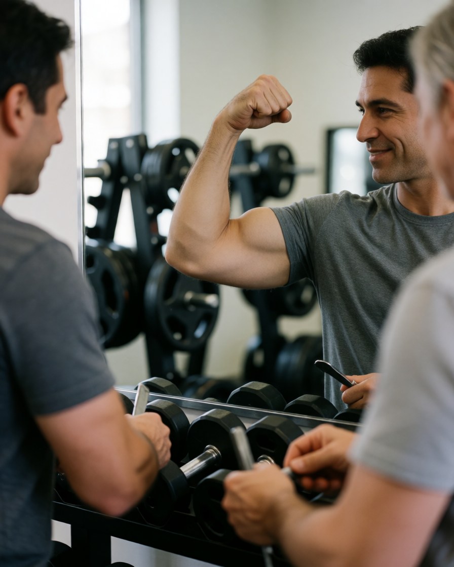 A happy customer standing in front of a gym mirror, smiling proudly while looking at his biceps and muscles to celebrate his fitness progress and strength.