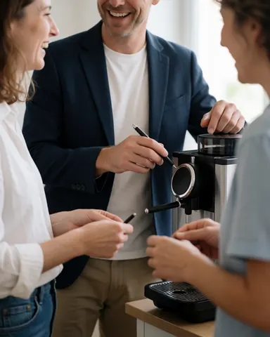 Three people in a marketing studio preparing coffee with a machine, smiling and working together in a relaxed and creative environment.