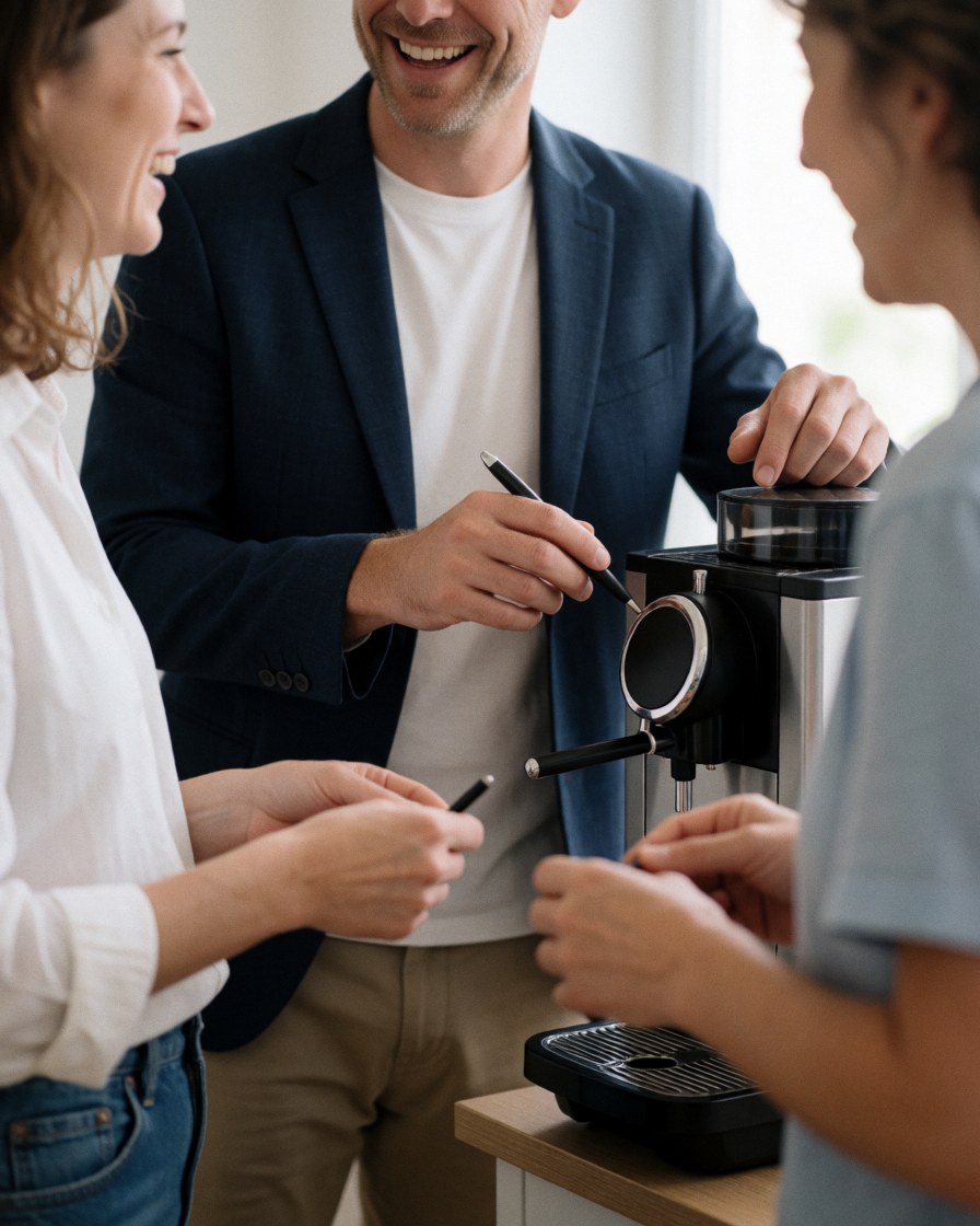 Three people in a marketing studio preparing coffee with a machine, smiling and working together in a relaxed and creative environment.