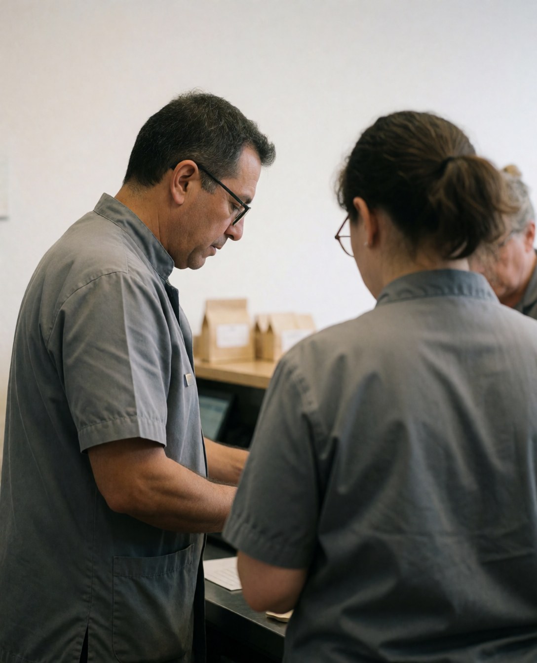 Gym team members helping a customer at the front desk with a cash register and computer against a neutral white background