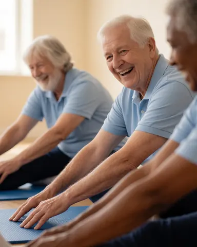Smiling older adults stretching on blue mats during a warm, social gym class session