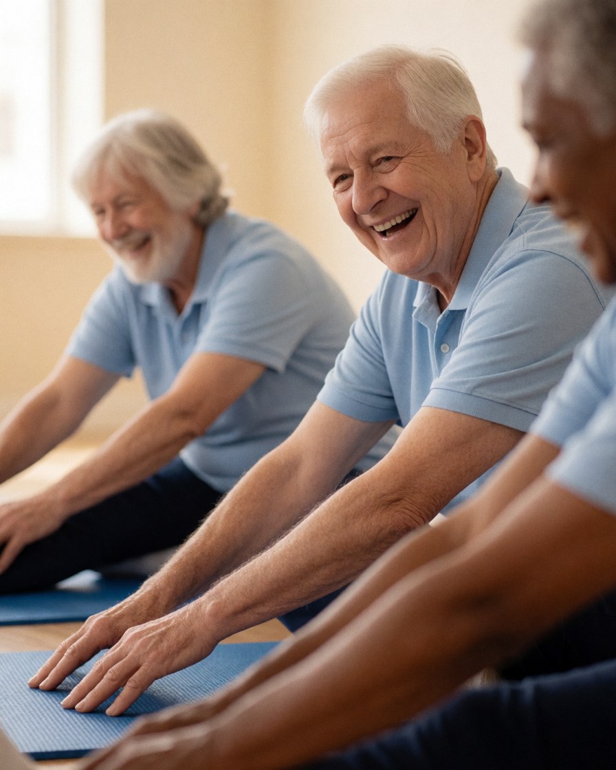 Smiling older adults stretching on blue mats during a warm, social gym class session