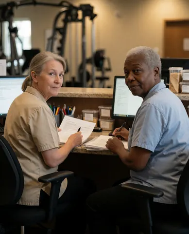 Two female staff members working at a gym reception desk with computers and documents, with exercise equipment visible in the background.