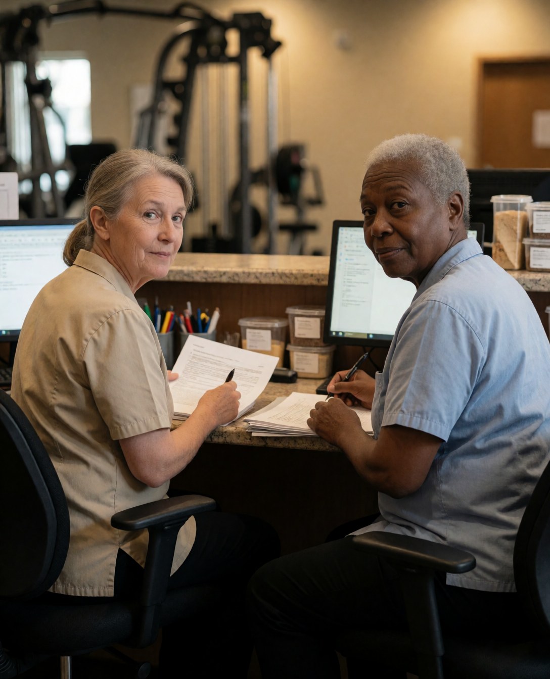 Two female staff members working at a gym reception desk with computers and documents, with exercise equipment visible in the background.