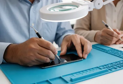 A technician uses a magnifying glass and tools to repair a smartphone on an anti-static mat in a professional electronics service environment.