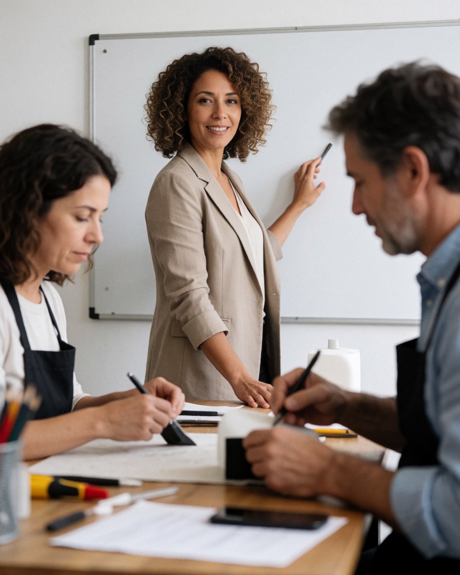 A female instructor stands at a whiteboard explaining a lesson while students take notes at a wooden table with work materials.