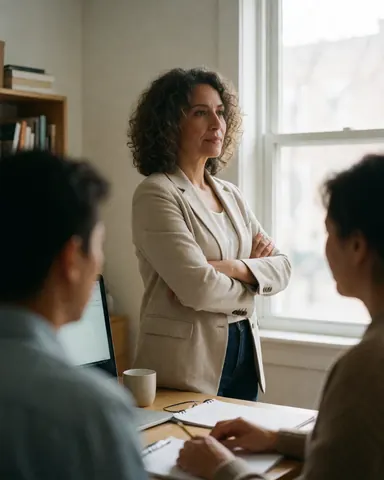 Professional woman instructor working at desk with laptop and notebook in bright office