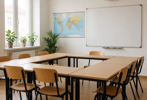Empty language school room featuring a U-shaped table, chairs, whiteboard, world map, plants, and window with clean cozy atmosphere