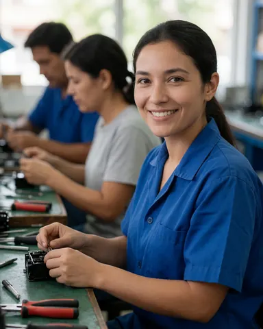 A smiling woman in a blue uniform repairs a cell phone on a workbench with tools, while other staff members work in the background.