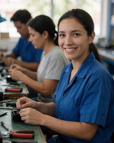 A smiling woman in a blue uniform repairs a cell phone on a workbench with tools, while other staff members work in the background.