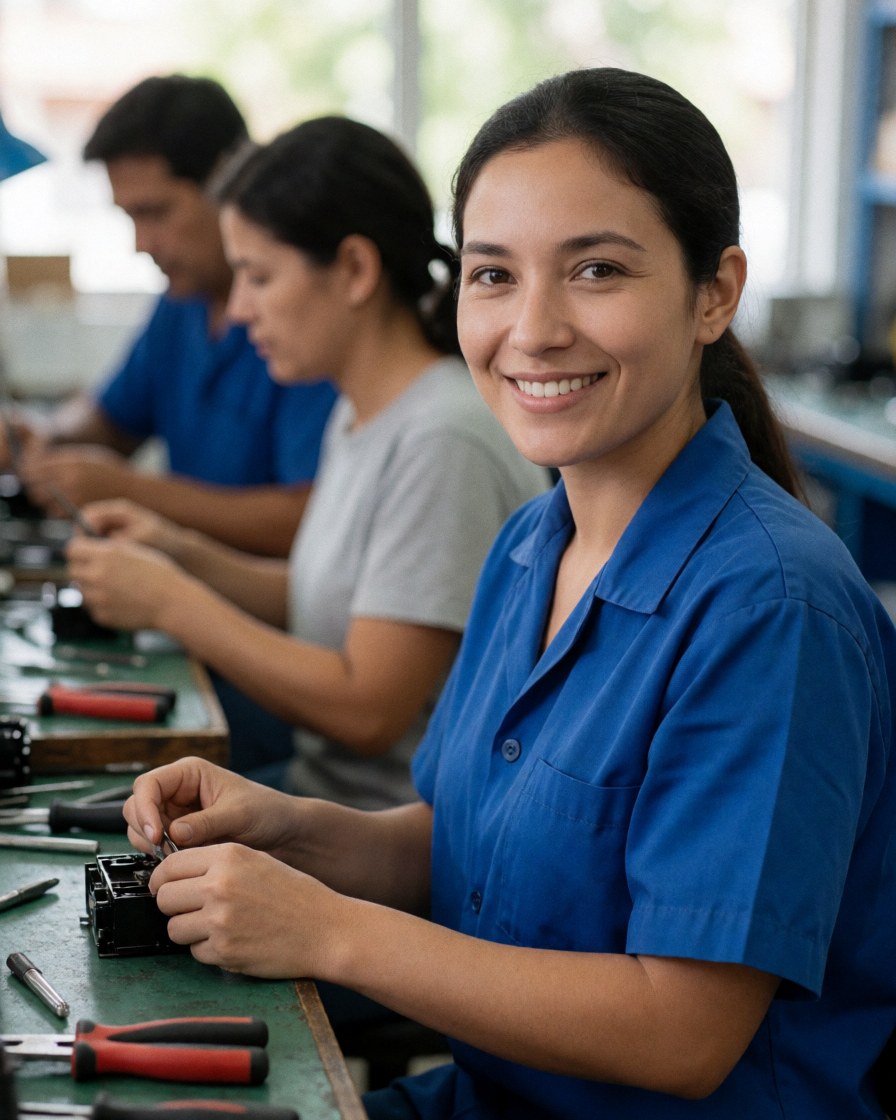 A smiling woman in a blue uniform repairs a cell phone on a workbench with tools, while other staff members work in the background.
