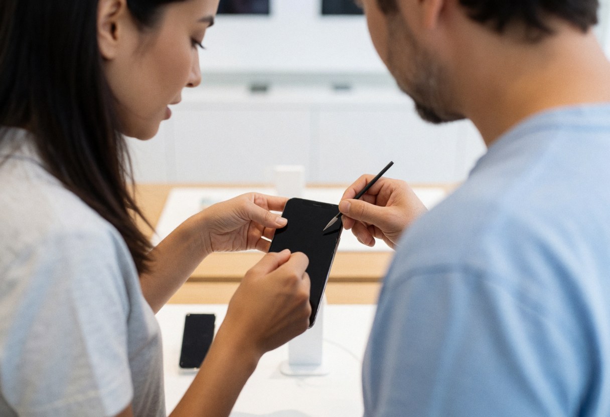 A technician demonstrates a smartphone screen to a client in a bright store, both touching the device on a white table.