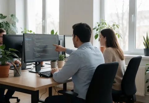 Two developers collaborating on code using laptops and monitors in a bright, modern workspace with plants and large windows