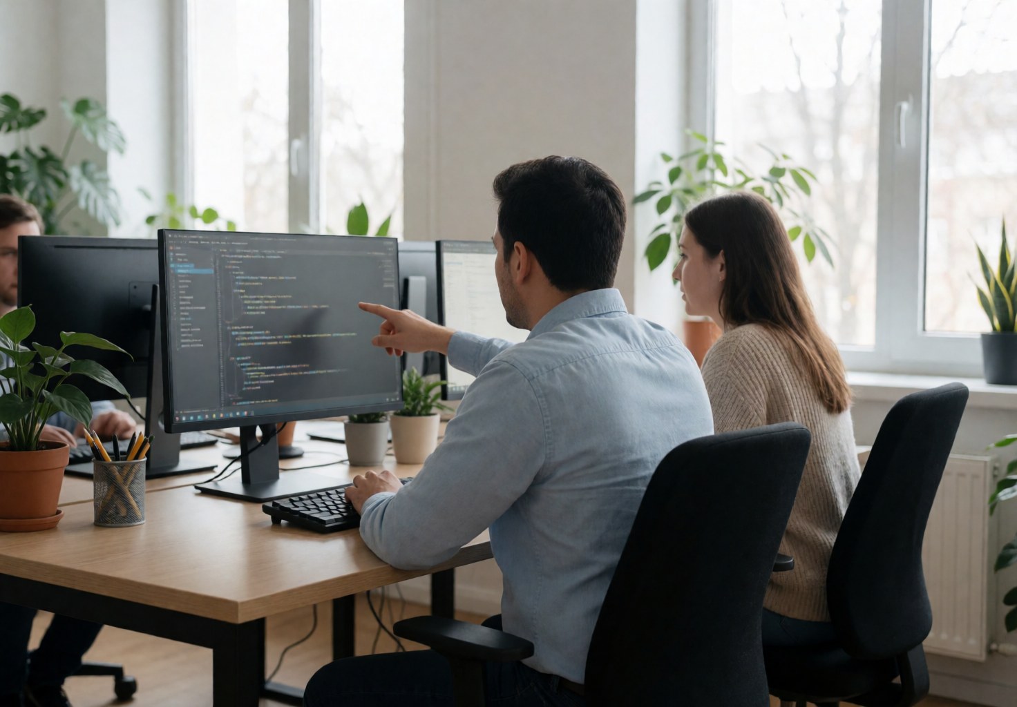 Two developers collaborating on code using laptops and monitors in a bright, modern workspace with plants and large windows