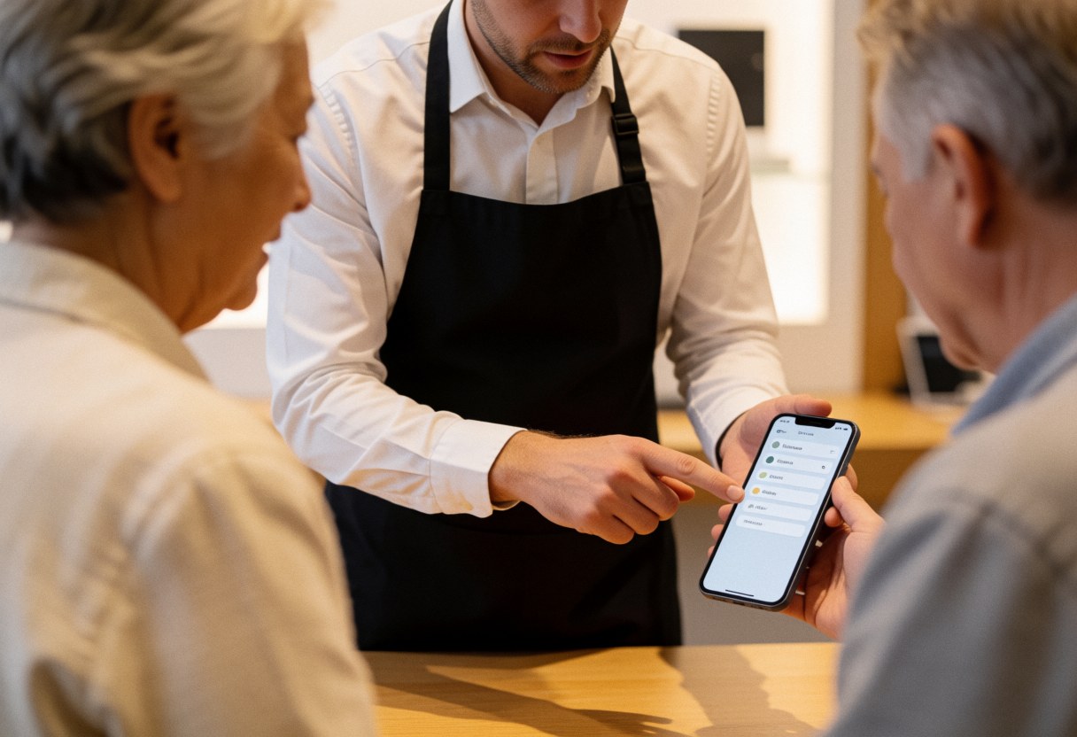 A store advisor assists an older customer with a smartphone, showing the screen and explaining device features in a tech shop.