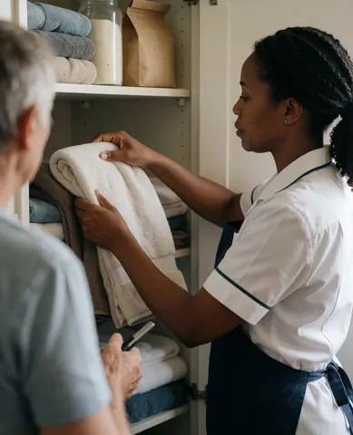 A hotel employee in uniform places folded towels into a closet while a guest watches nearby, highlighting professional housekeeping service.