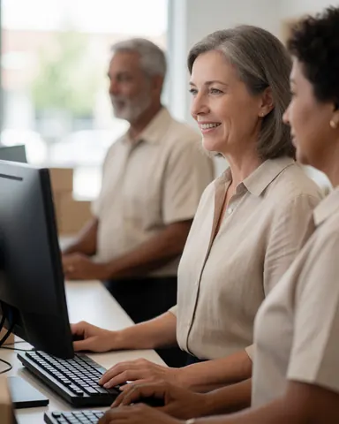A friendly hotel receptionist smiling while working at the front desk office with a computer and keyboard