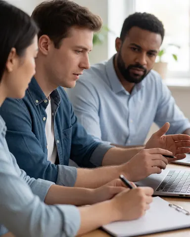 Three colleagues in casual attire gather around a desk, reviewing a laptop screen and taking notes during a business meeting.