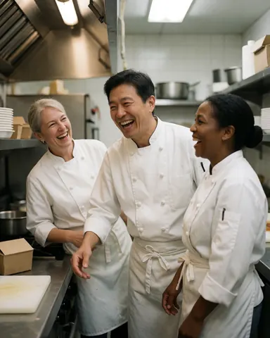 A group of chefs in white uniforms working together in a commercial hotel kitchen, preparing food with stainless steel equipment and utensils.