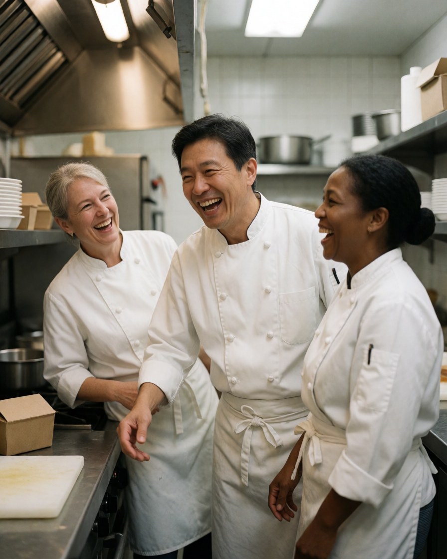A group of chefs in white uniforms working together in a commercial hotel kitchen, preparing food with stainless steel equipment and utensils.