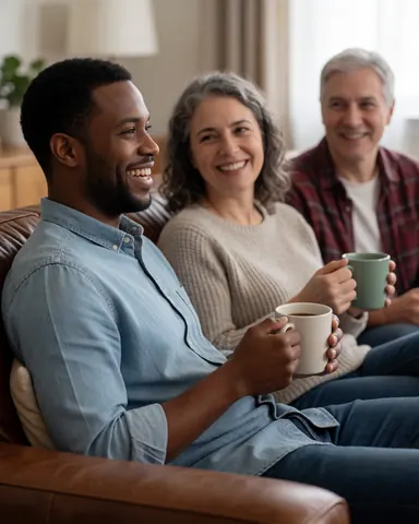 A smiling couple enjoys coffee on a comfortable leather sofa in their living room, showing satisfaction with their new furniture.