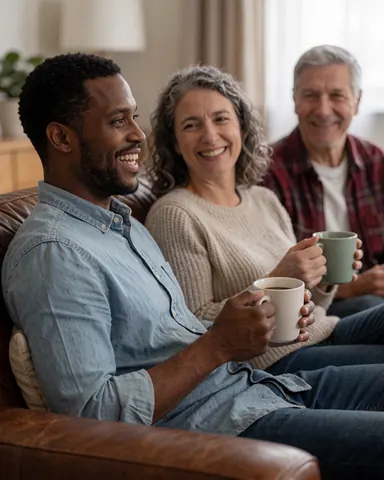 A smiling couple enjoys coffee on a comfortable leather sofa in their living room, showing satisfaction with their new furniture.