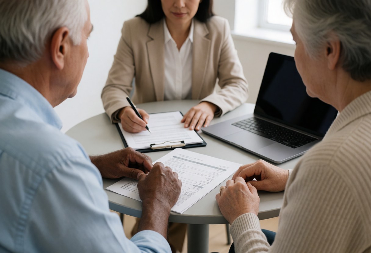Financial advisor and two senior clients review retirement documents at a round table with a laptop in a bright office.