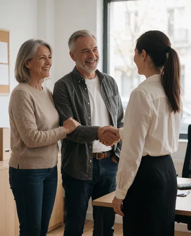 A smiling senior couple shakes hands with a female financial advisor in a bright, professional office with visible furniture and windows.