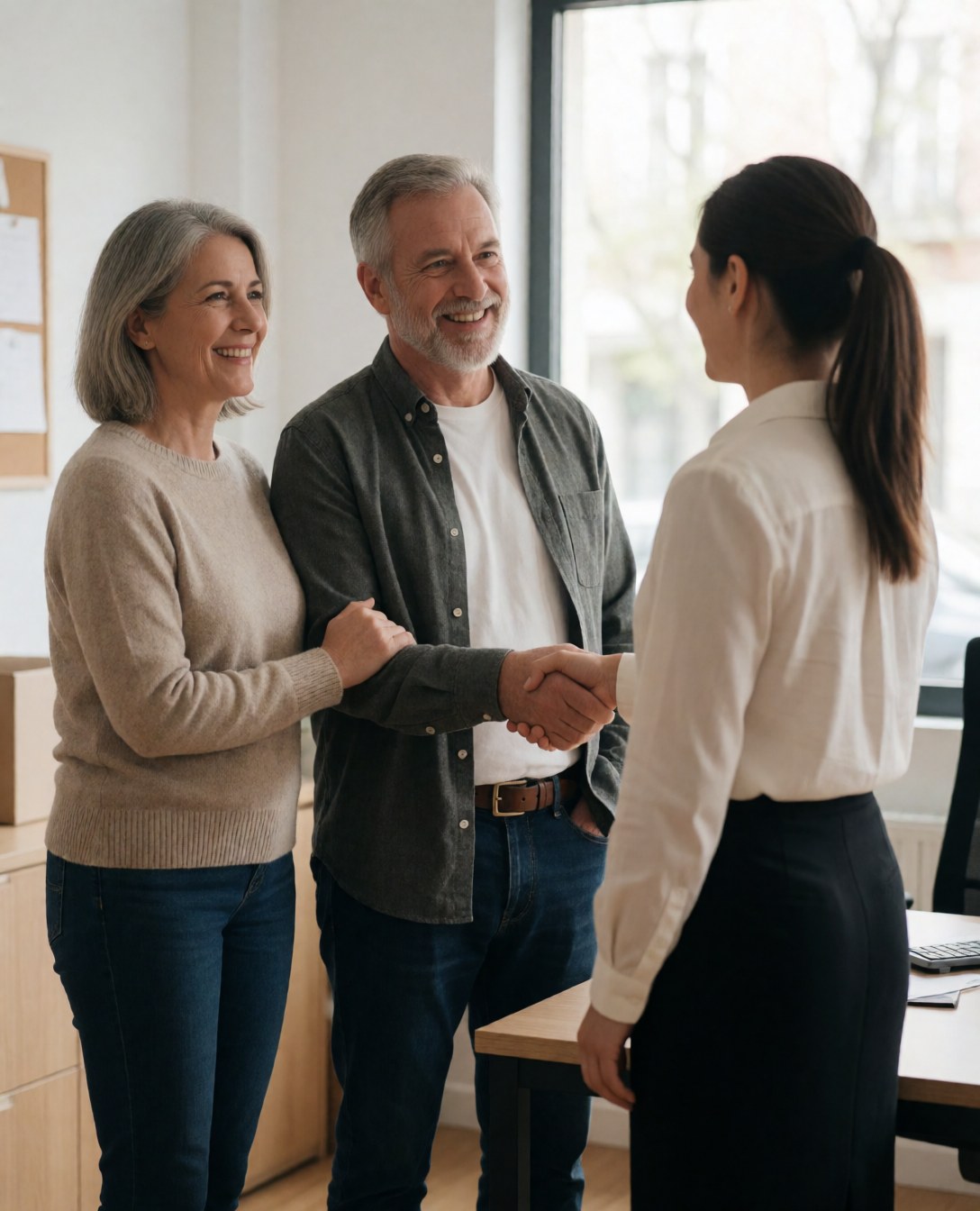 A smiling senior couple shakes hands with a female financial advisor in a bright, professional office with visible furniture and windows.