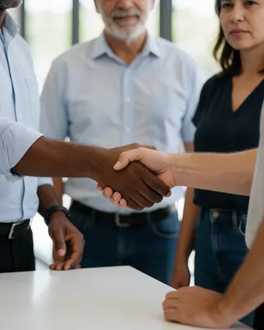 A smiling man and woman shaking hands across a modern office desk, celebrating the completion of an online course with a sense of professional satisfaction and gratitude.
