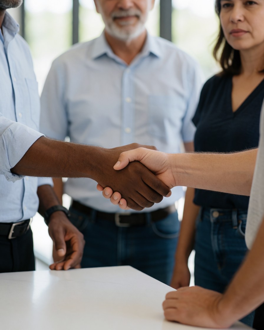 A smiling man and woman shaking hands across a modern office desk, celebrating the completion of an online course with a sense of professional satisfaction and gratitude.