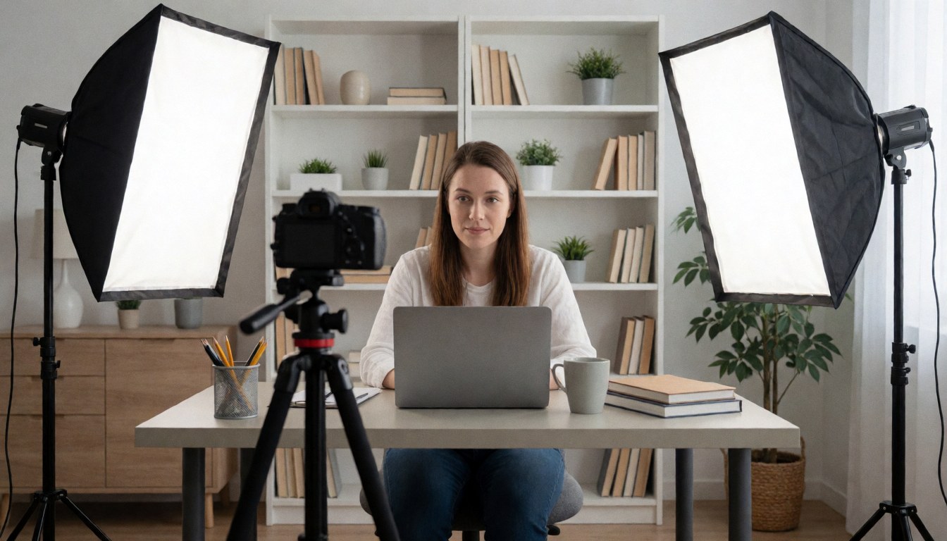 Person sitting at a desk with a laptop, tripod camera, and studio lights, ready to record an online course in a tidy home office.