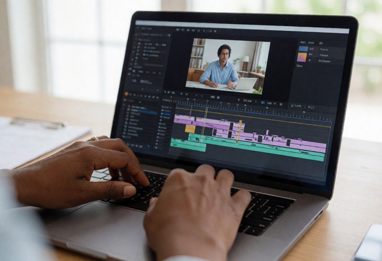 Hands working on a laptop with video editing software, showing a timeline and video window in a professional workspace with natural light and wood.