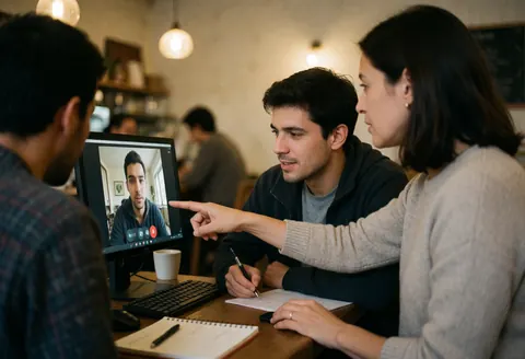 A tutor and student collaborate on a laptop in a cafe. The tutor points to the screen while the student takes notes during their online lesson.
