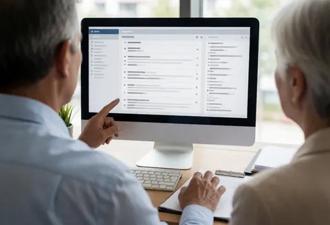 A travel consultant advises a client on a computer in a modern office with natural light from the window, showing a travel booking interface.